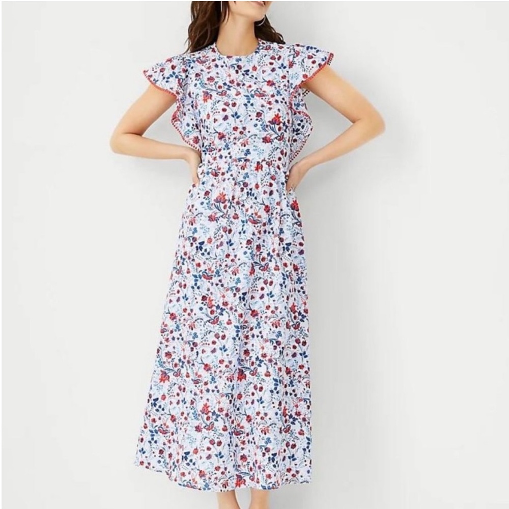 Ann Taylor Floral Ruffle Sleeve Maxi Dress Large NWT